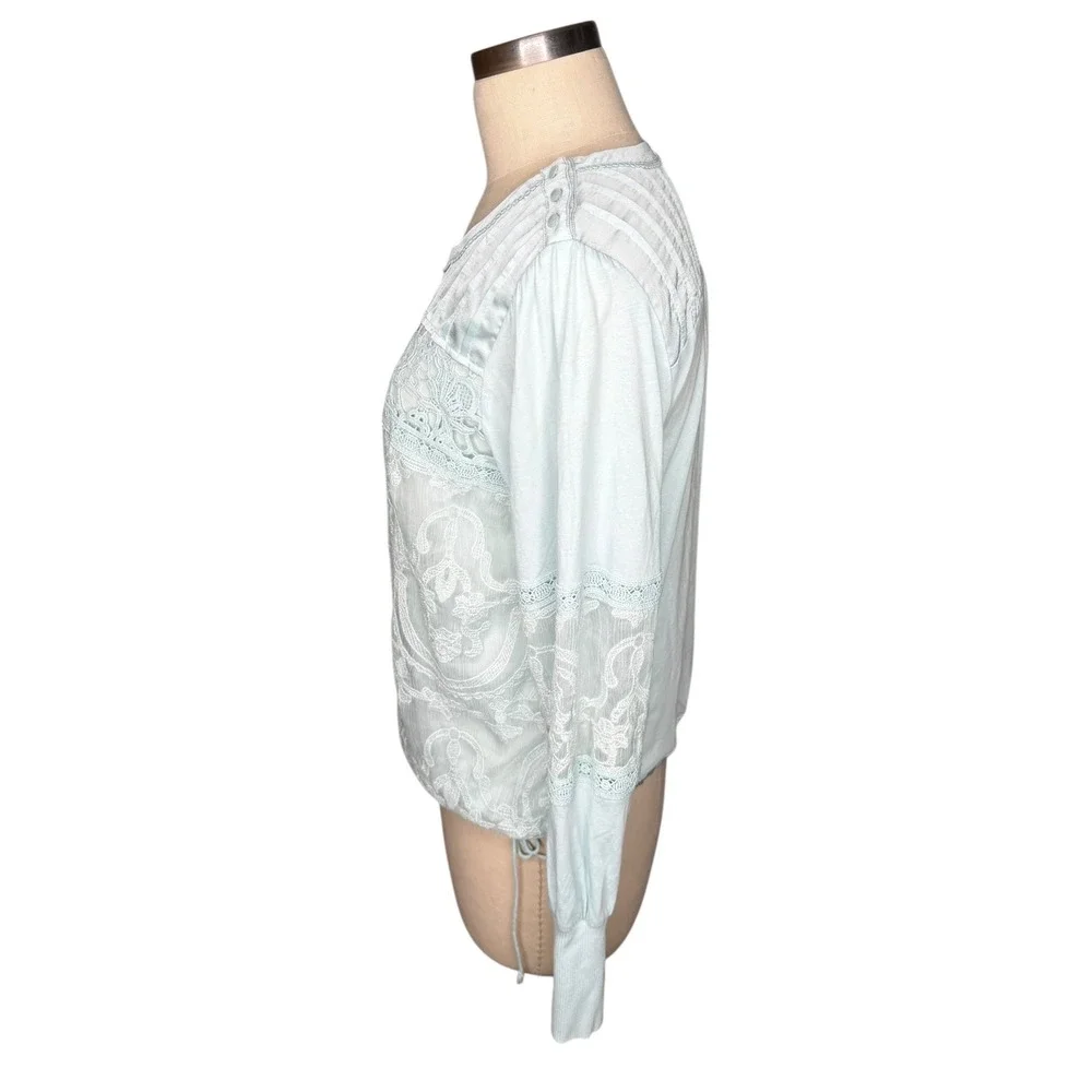 TINY Anthropologie Light Blue Satin Lace Long Sleeve Blouse Women's Size Large - Picture 2 of 5